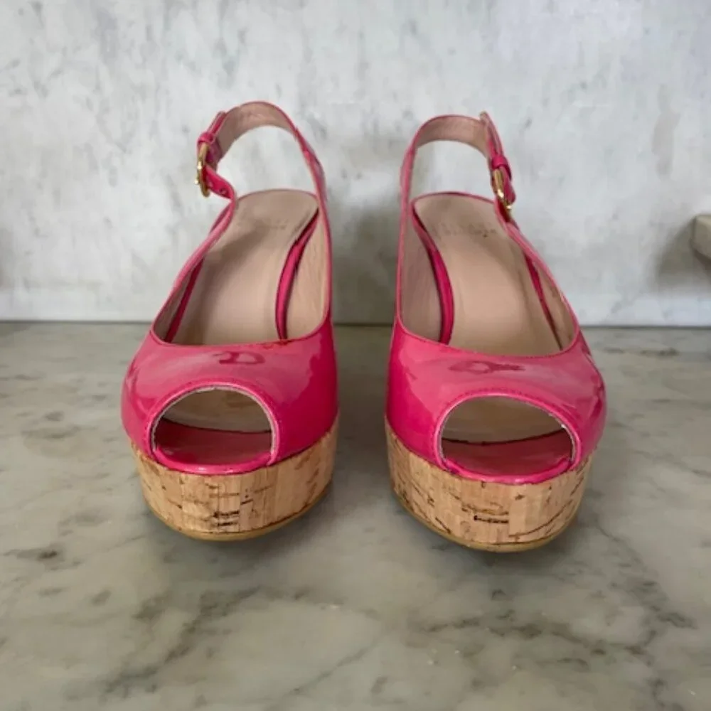 STUART WEITZMAN Jenny Fuchsia Peep Toe Sling Back Cork Wedge 6M